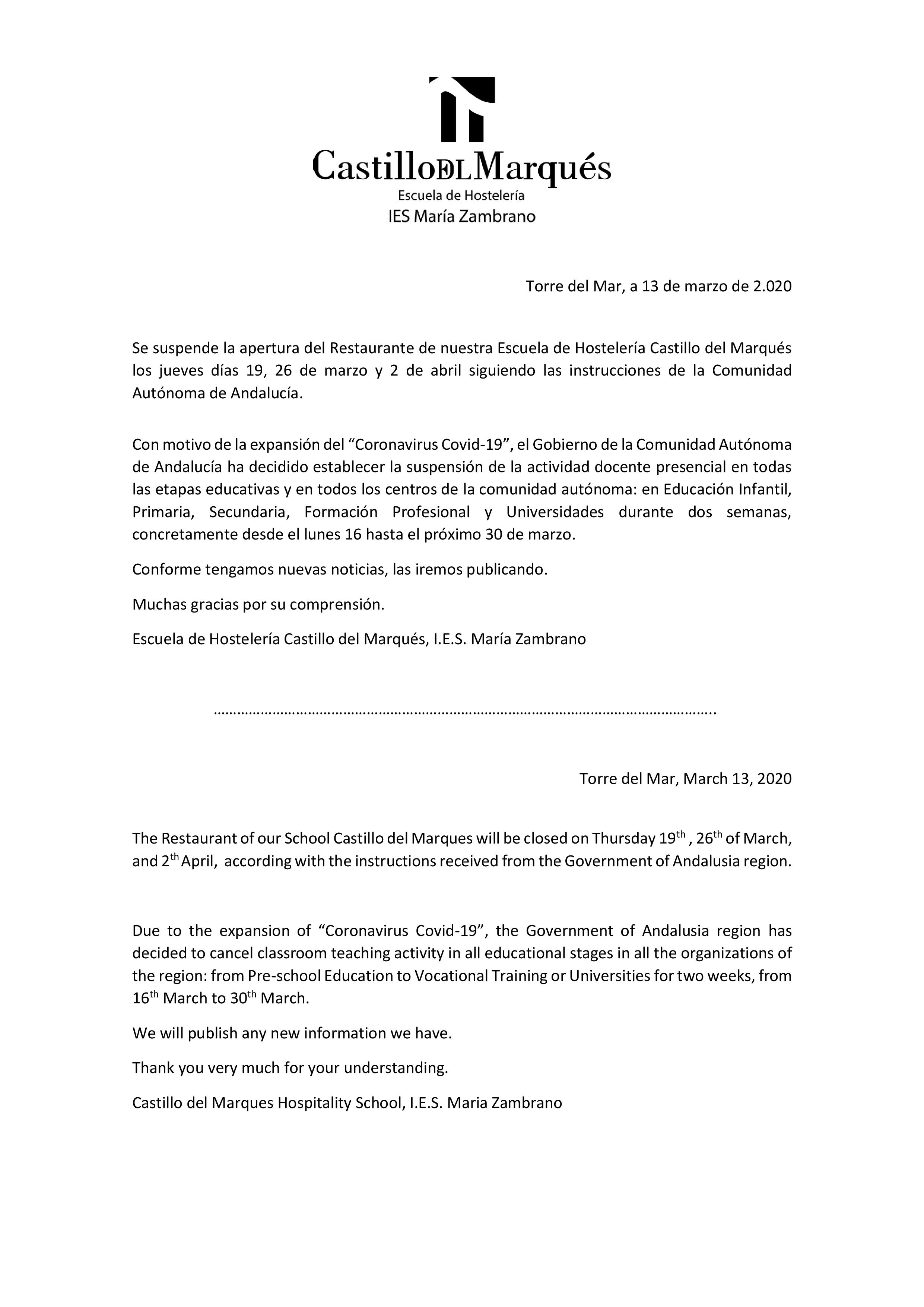 email cancelación comidas, castillo del marques, escuela de hosteleria, 